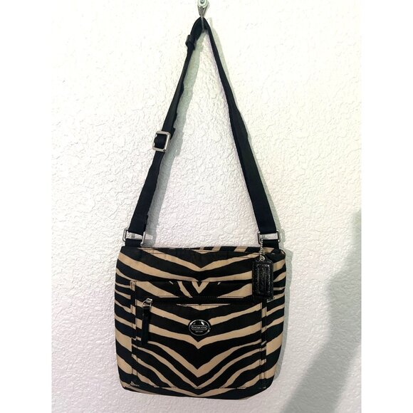 Authentic Coach Crossbody Bag Purse Nylon Zebra Print Black Tan COA Entrupy Logo - Picture 3 of 11